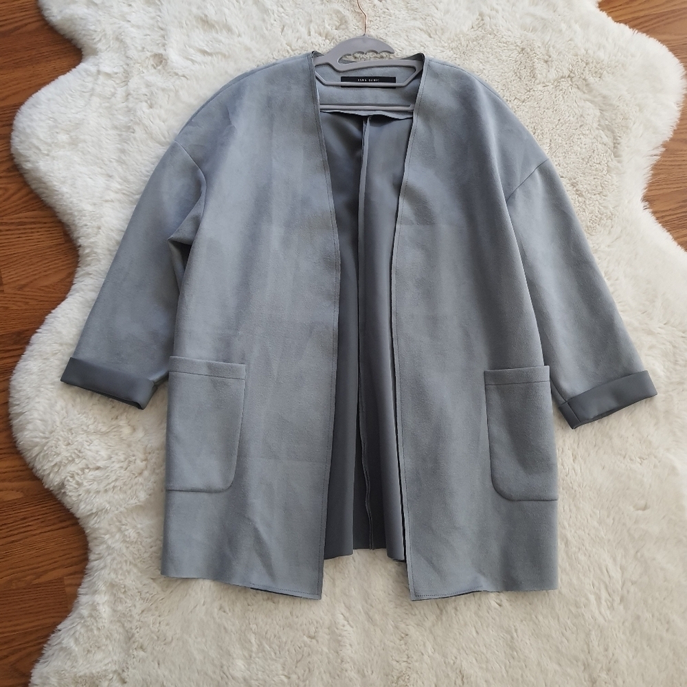 ZARA Blue Faux Suede Coat Womens Size S Drop Shoulder - Picture 7 of 13